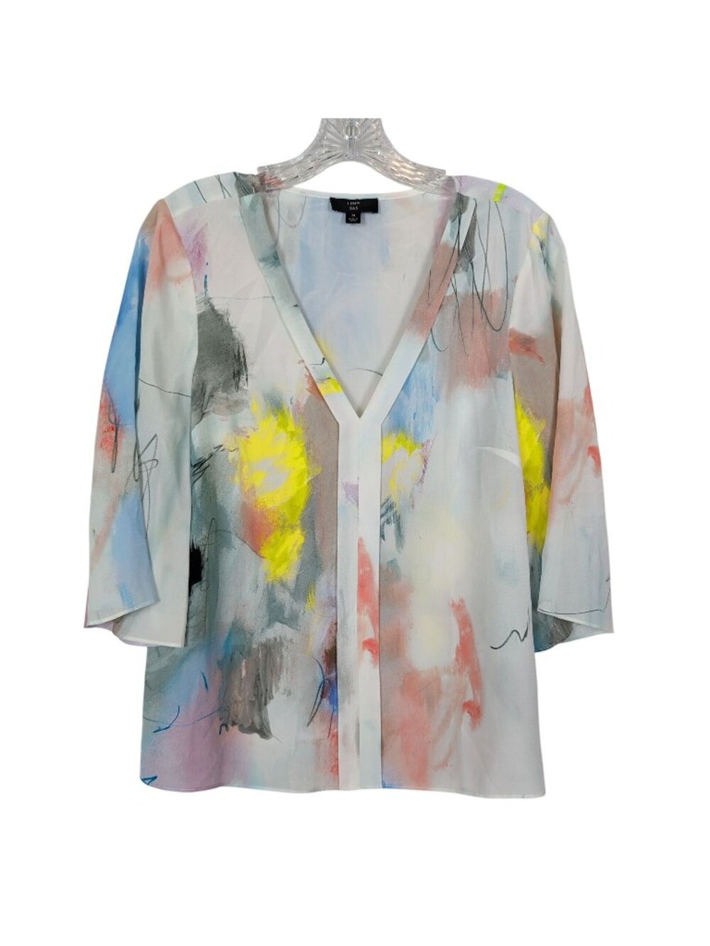 J.Crew 365 Womens M 100% Silk Abstract Print Blouse Multicolor V Neck Career Top